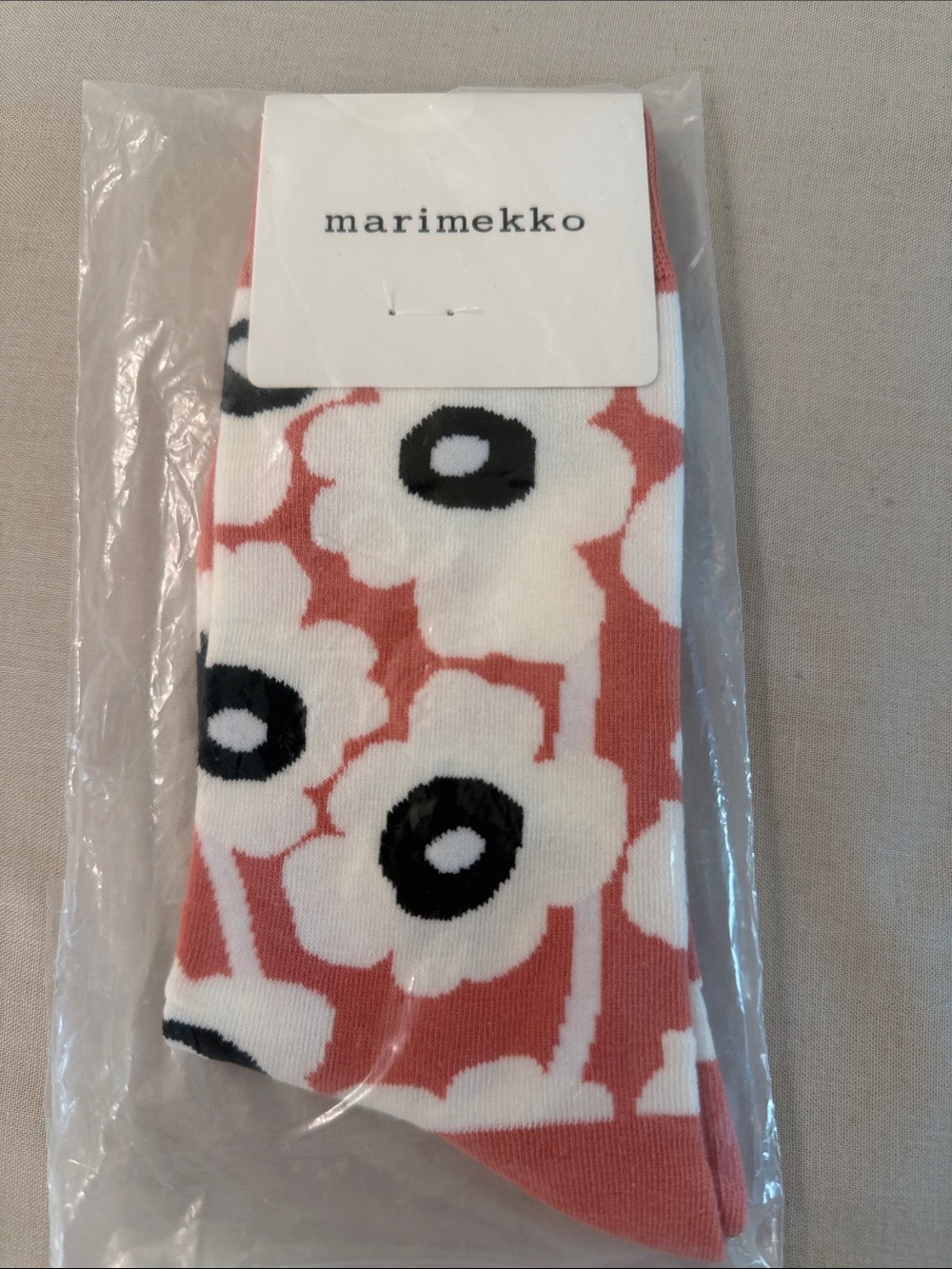 Marimekko Coral, White & Black Floral Crew Socks